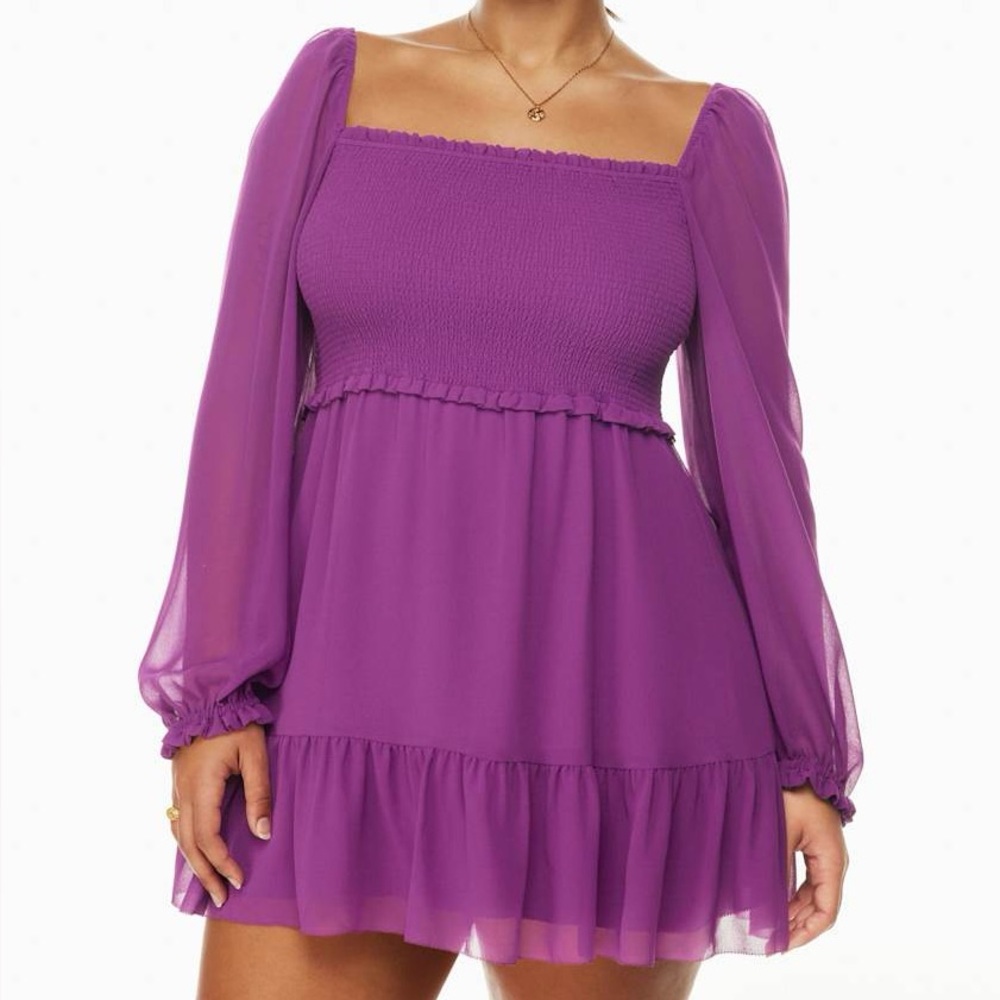 Aritzia Wilfred New Tempest Dress - Wild Berry Purple Tiered Long Sleeve Mini - Picture 3 of 10